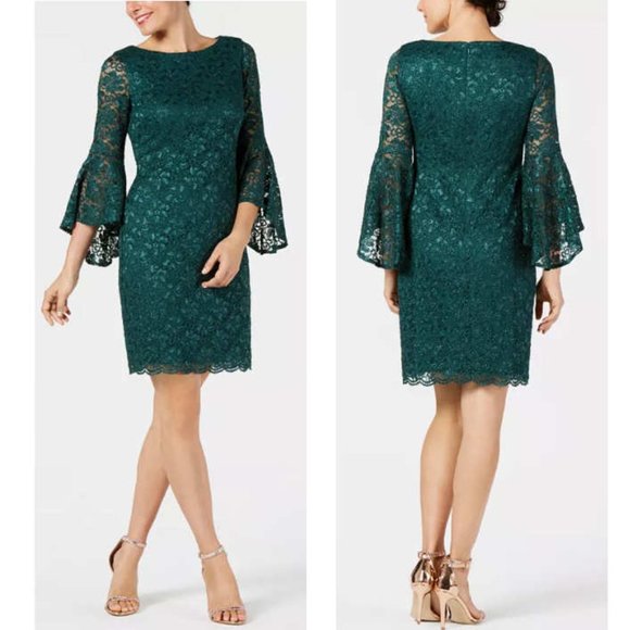 Jessica Howard Dresses & Skirts - Jessica Howard Bell-Sleeve Glitter Lace Dress Size 16 Green